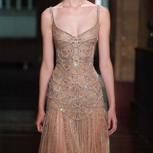 Ysolina Beaded Tulle Mermaid Gown - Champagne