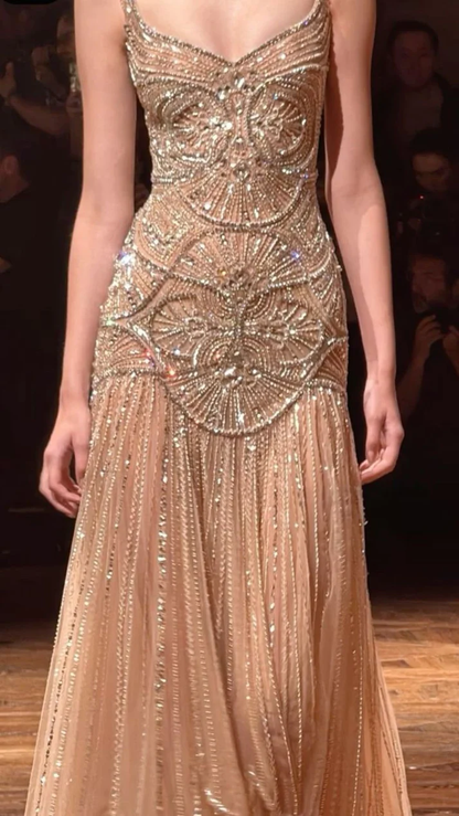 Ysolina Beaded Tulle Mermaid Gown - Champagne