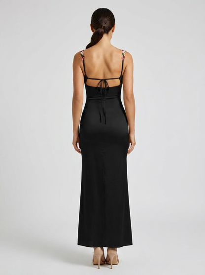 Zahra Satin Floral Trim Gown - Black