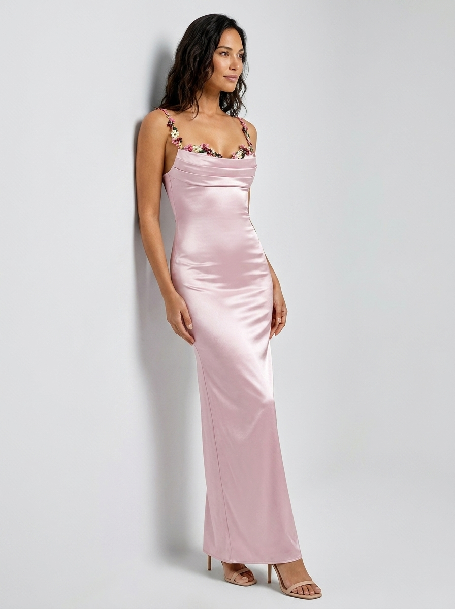 Zahra Satin Floral Trim Gown - Blush Pink