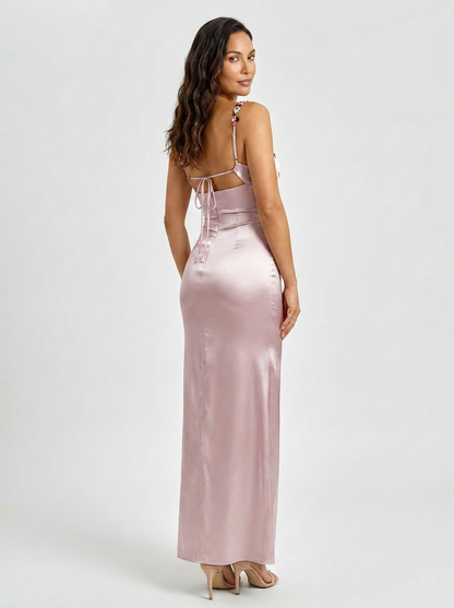 Zahra Satin Floral Trim Gown - Blush Pink