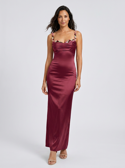 Zahra Satin Floral Trim Gown - Burgundy
