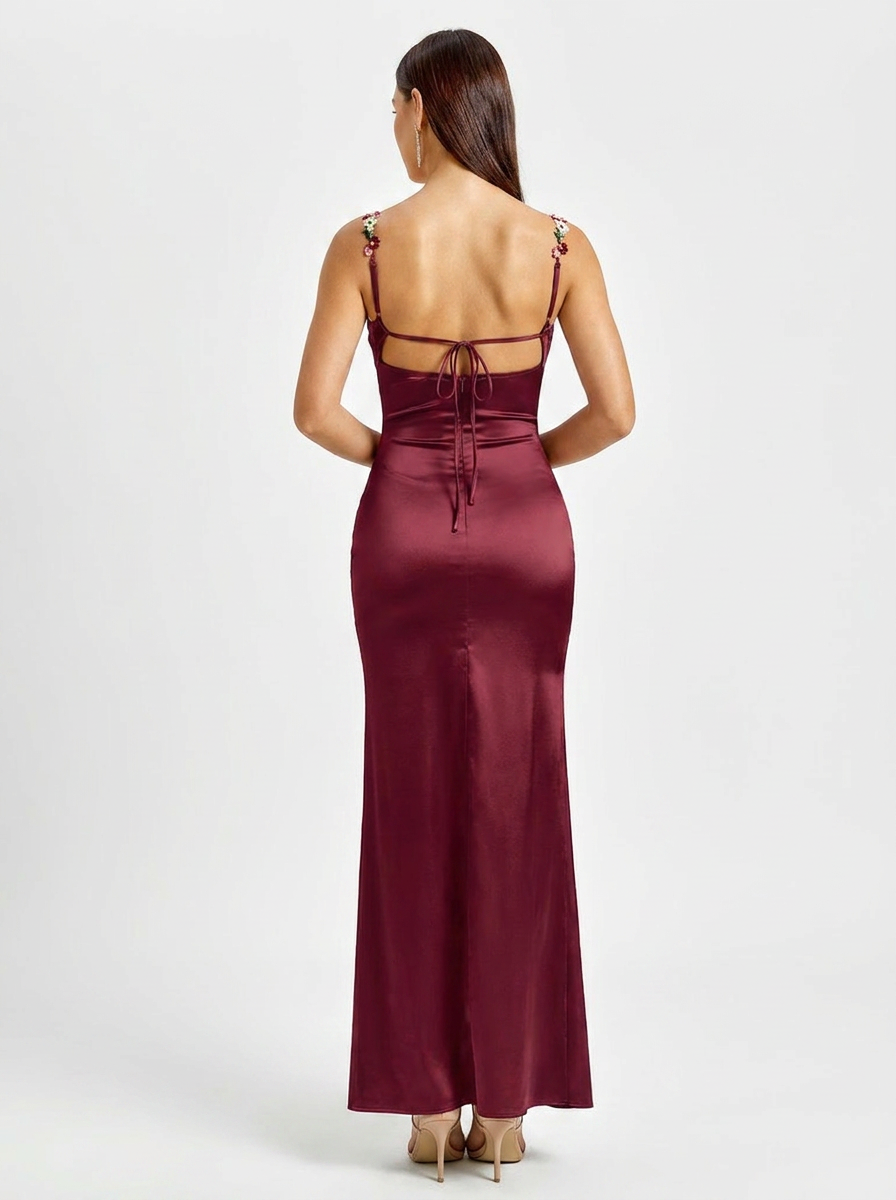 Zahra Satin Floral Trim Gown - Burgundy