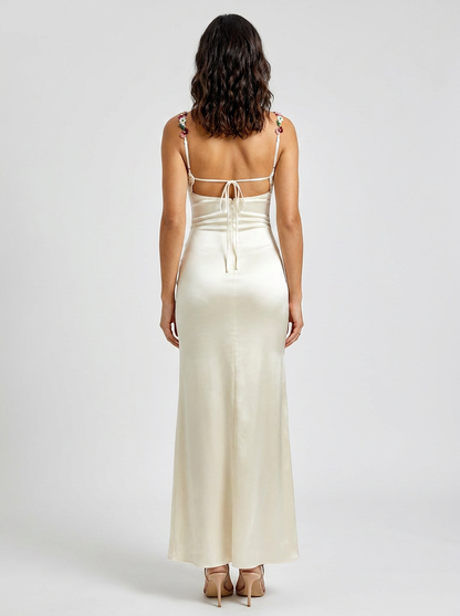 Zahra Satin Floral Trim Gown - Ivory