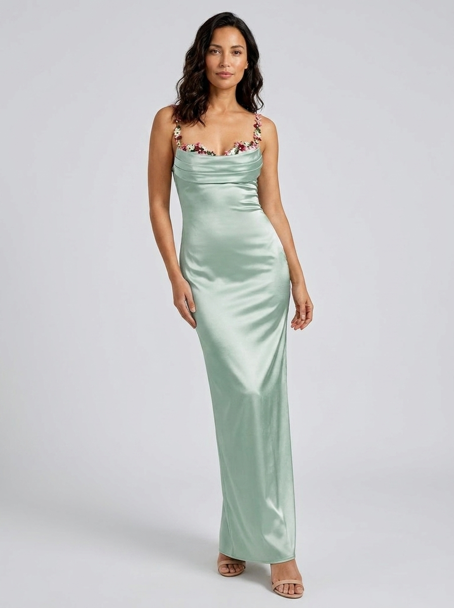 Zahra Satin Floral Trim Gown - Sage