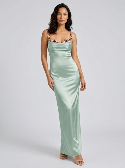 Zahra Satin Floral Trim Gown - Sage