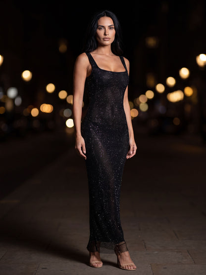 Zamira Rhinestone Square Neck Maxi Dress - Black
