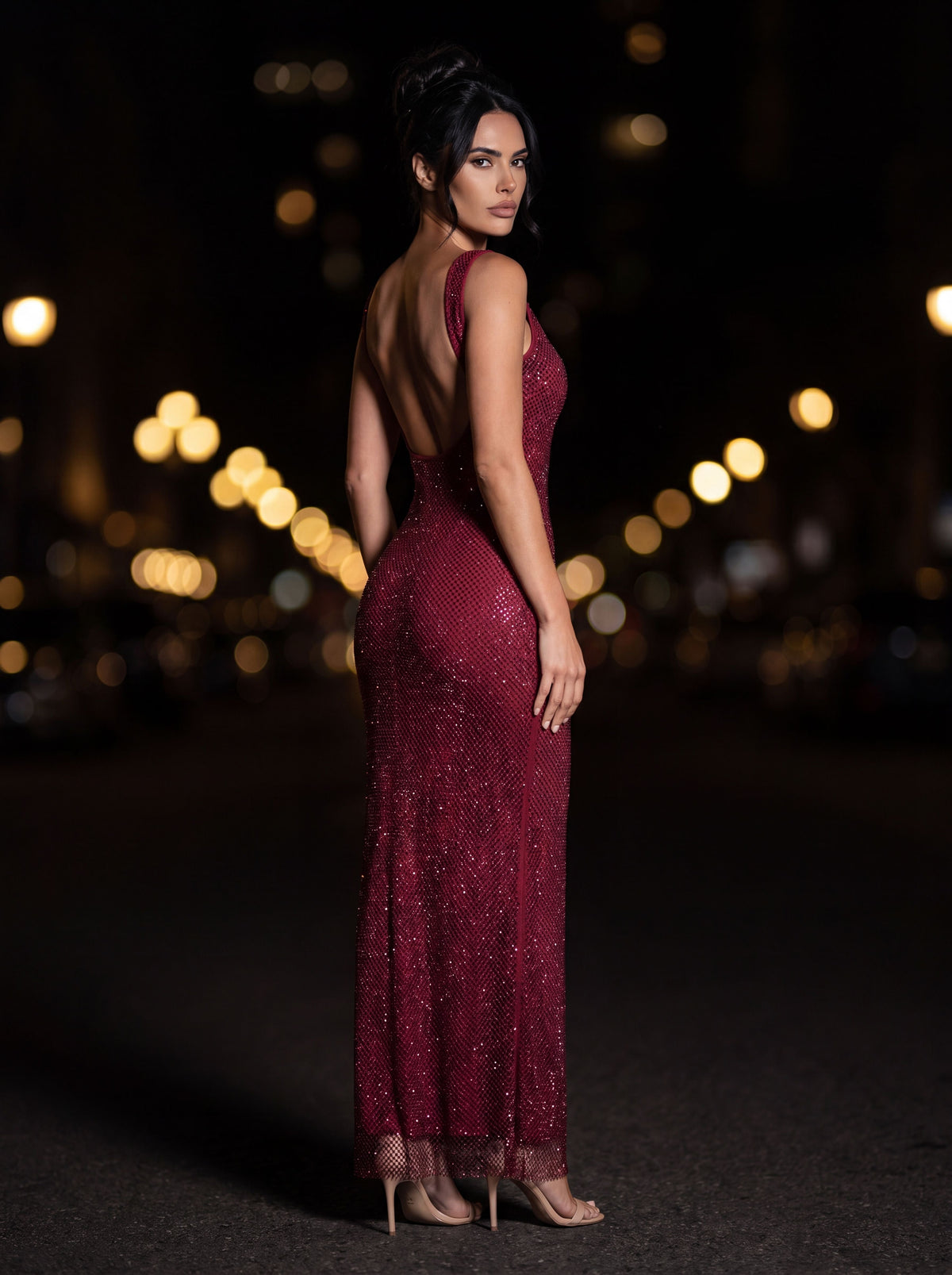 Zamira Rhinestone Square Neck Maxi Dress - Burgundy