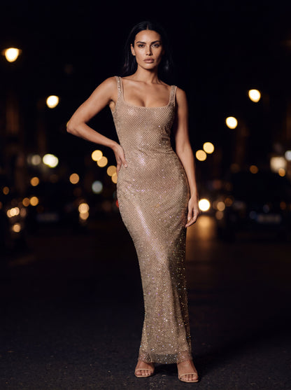 Zamira Rhinestone Square Neck Maxi Dress - Gold