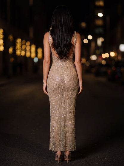 Zamira Rhinestone Square Neck Maxi Dress - Gold
