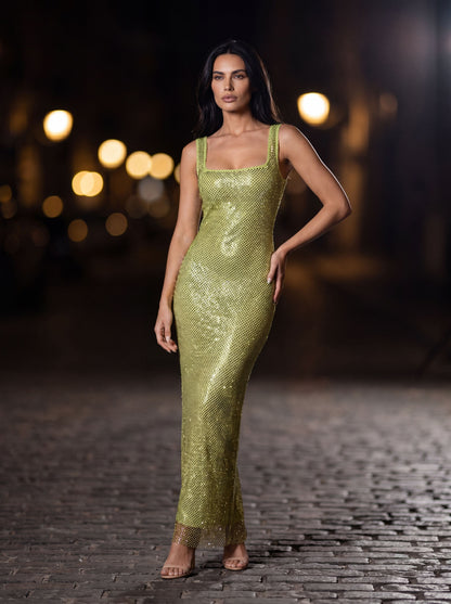Zamira Rhinestone Square Neck Maxi Dress - Olive Green