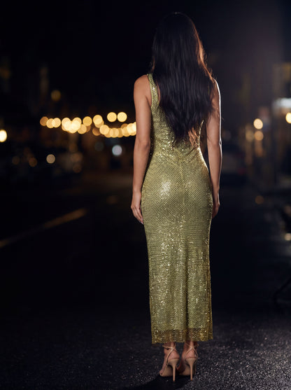 Zamira Rhinestone Square Neck Maxi Dress - Olive Green