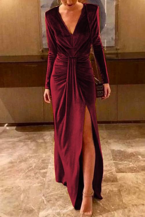 Zuzana Ruched Velvet Slit Maxi Dress - Burgundy
