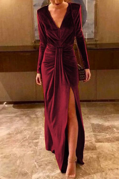 Zuzana Ruched Velvet Slit Maxi Dress - Burgundy