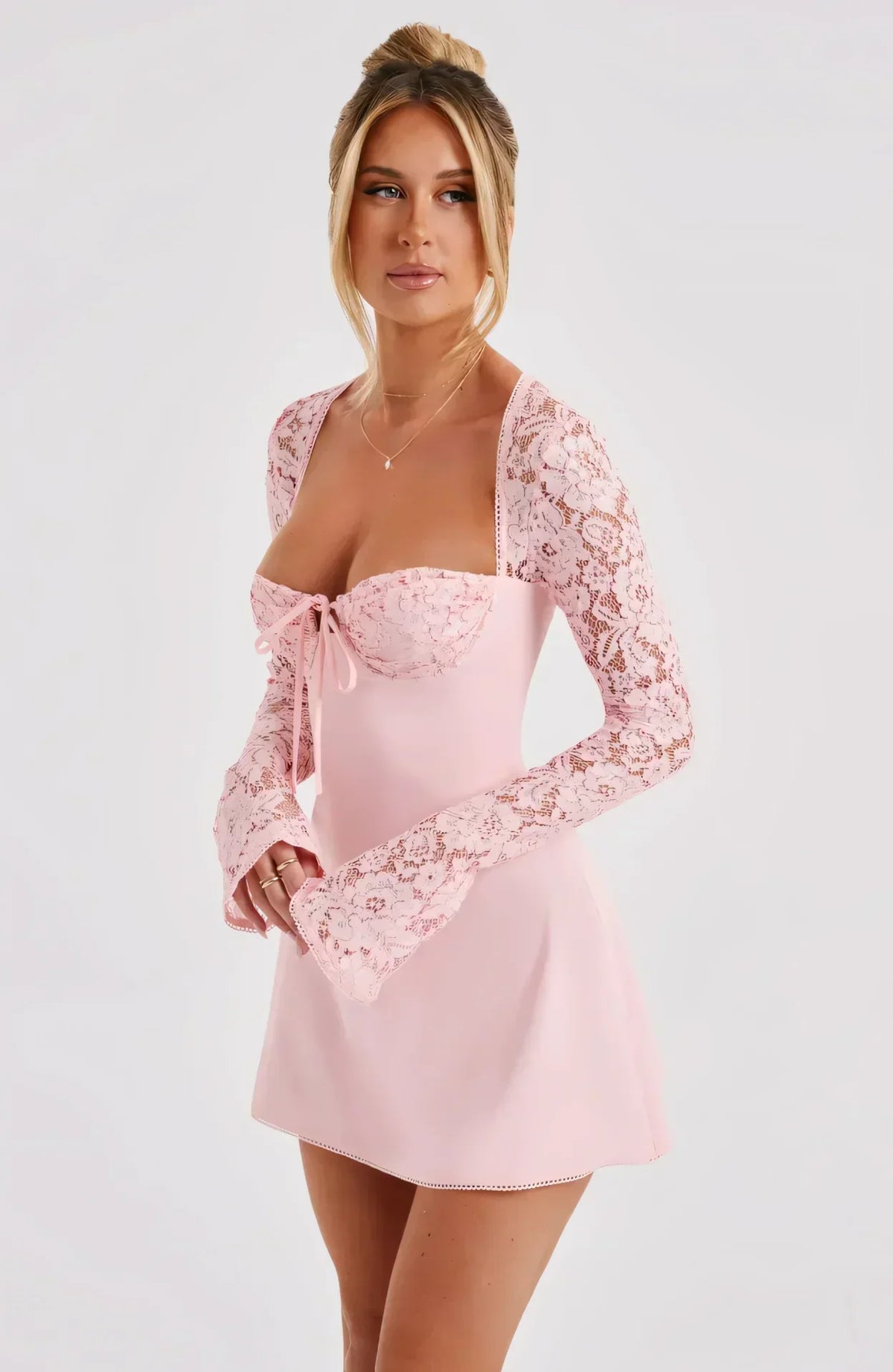 Ariadna Lace Sleeve Mini Dress - Light Pink