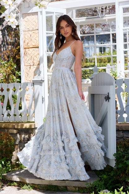Asuncion Corset Maxi Dress - Baby Blue Floral