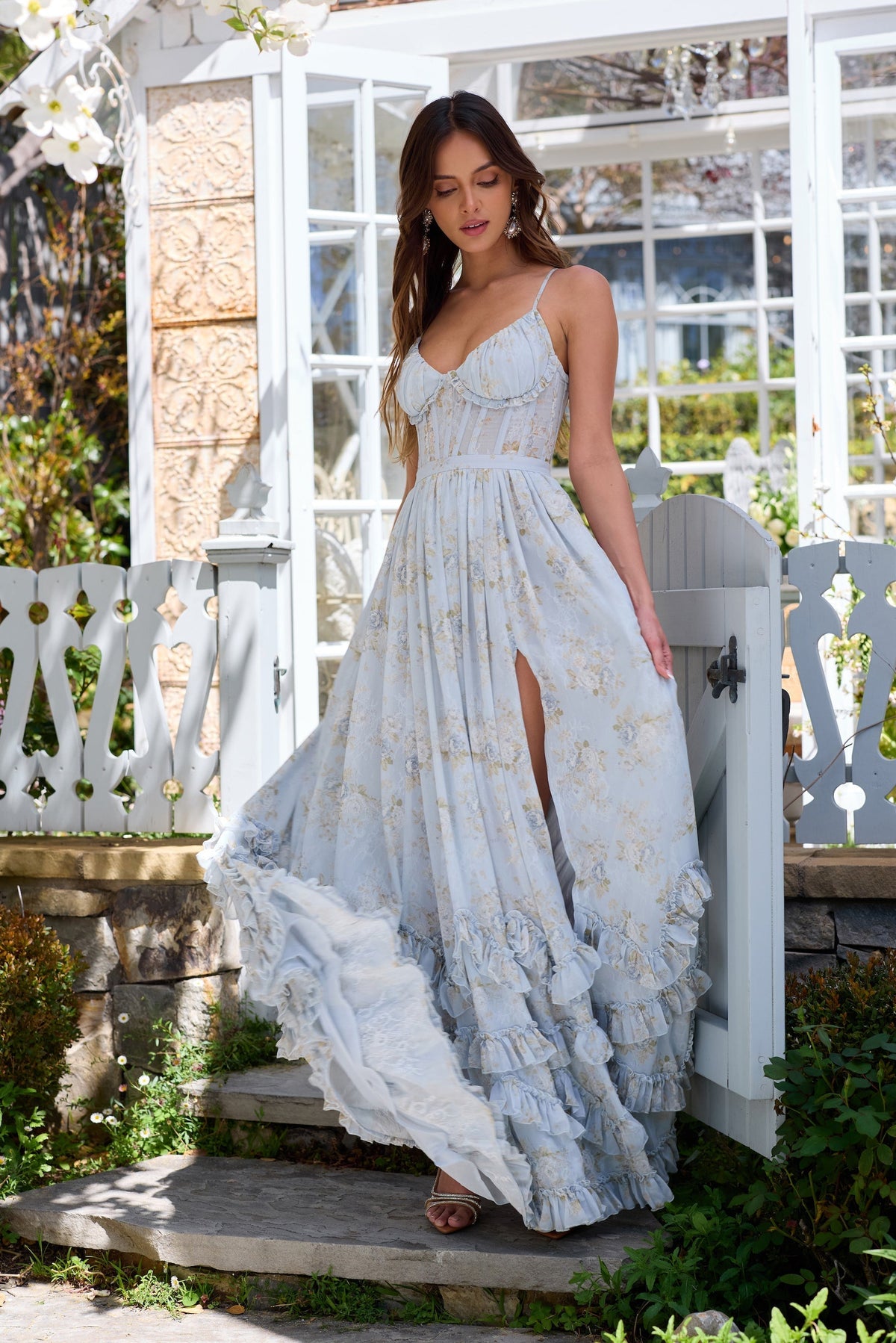 Asuncion Corset Maxi Dress - Baby Blue Floral