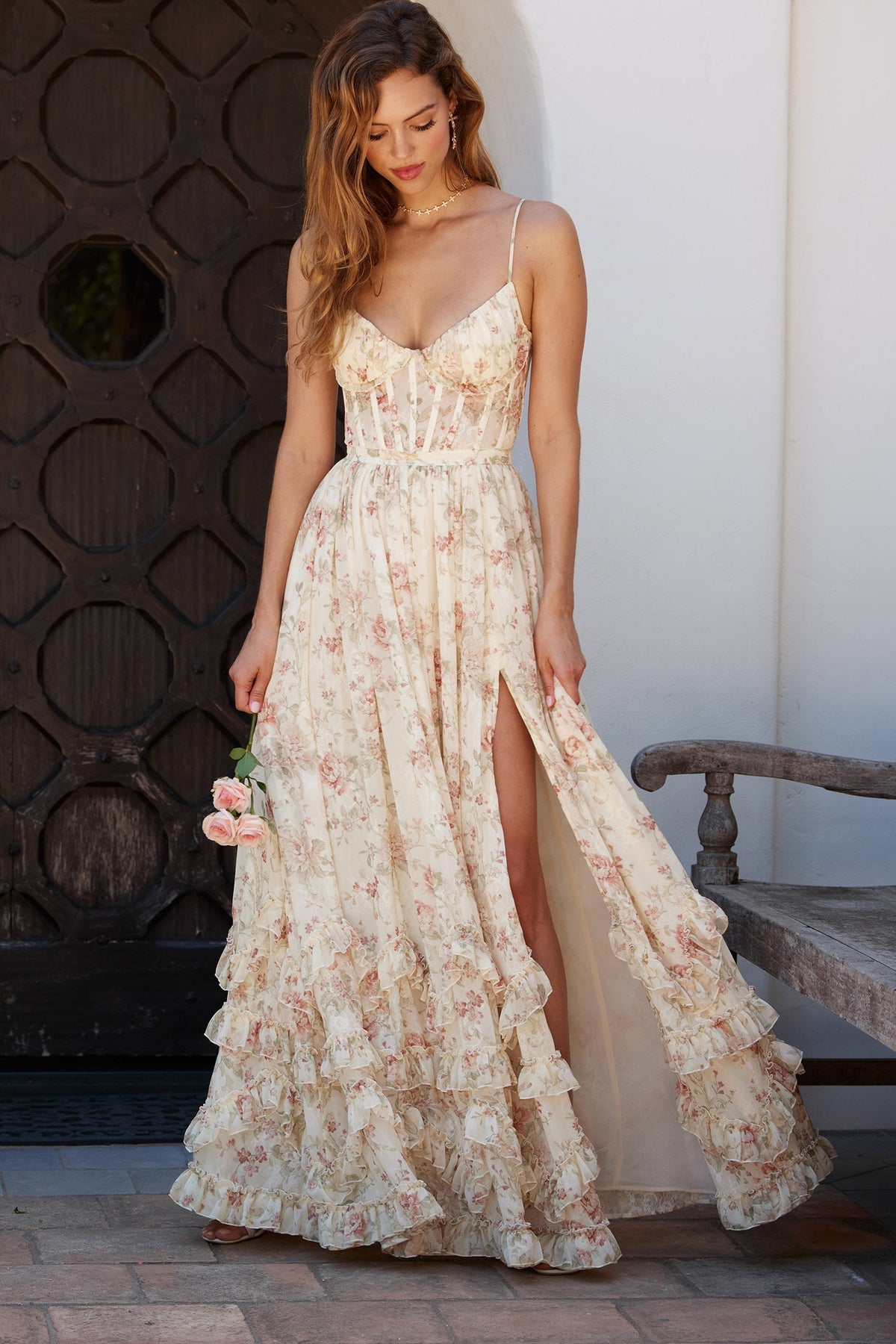 Asuncion Corset Maxi Dress - Cream Floral