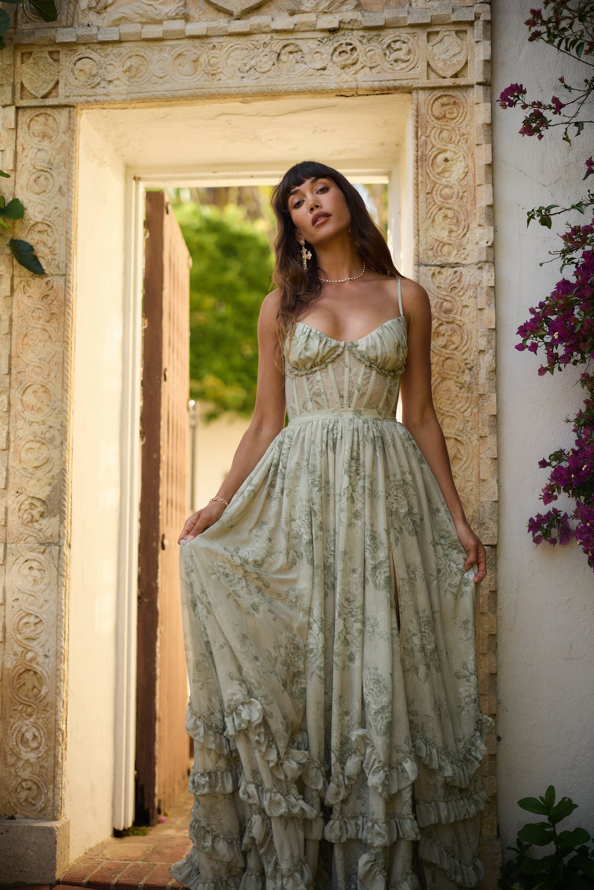 Asuncion Corset Maxi Dress - Olive Floral