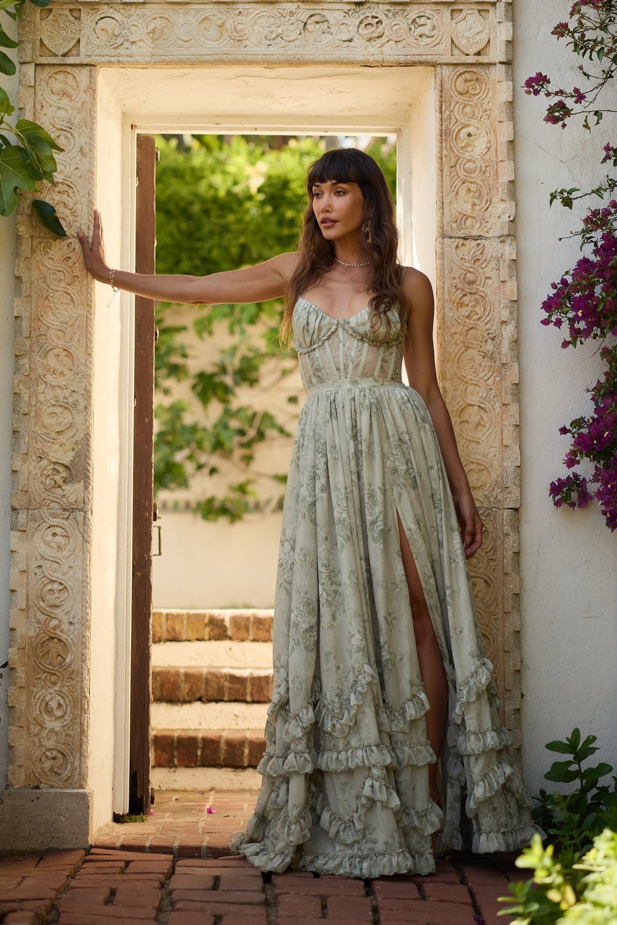 Asuncion Corset Maxi Dress - Olive Floral