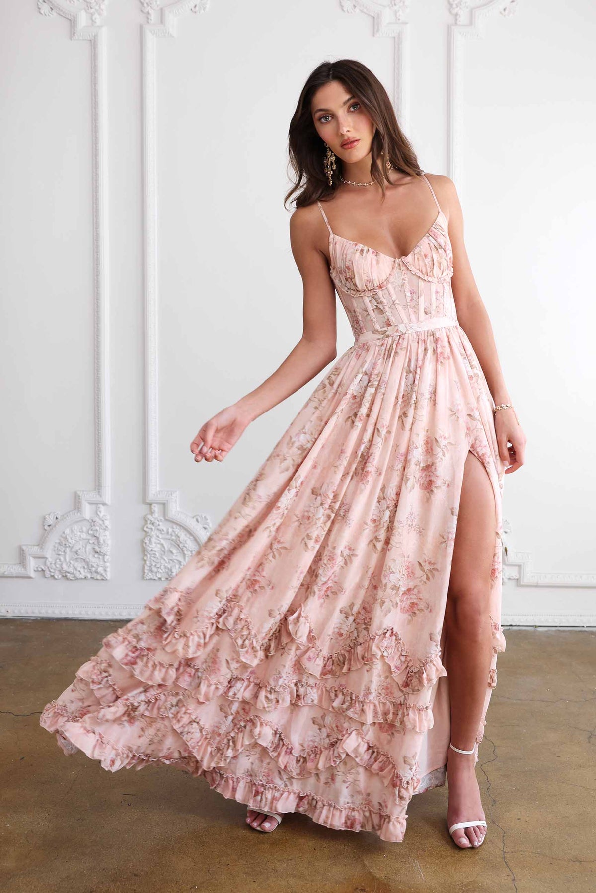 Asuncion Corset Maxi Dress - Peach Floral