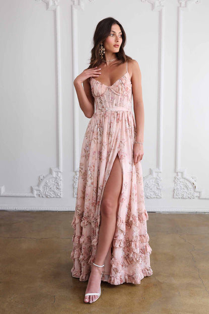 Asuncion Corset Maxi Dress - Peach Floral