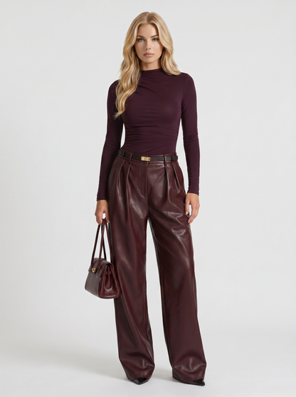 Avani Faux Leather Wide Leg Pants - Burgundy