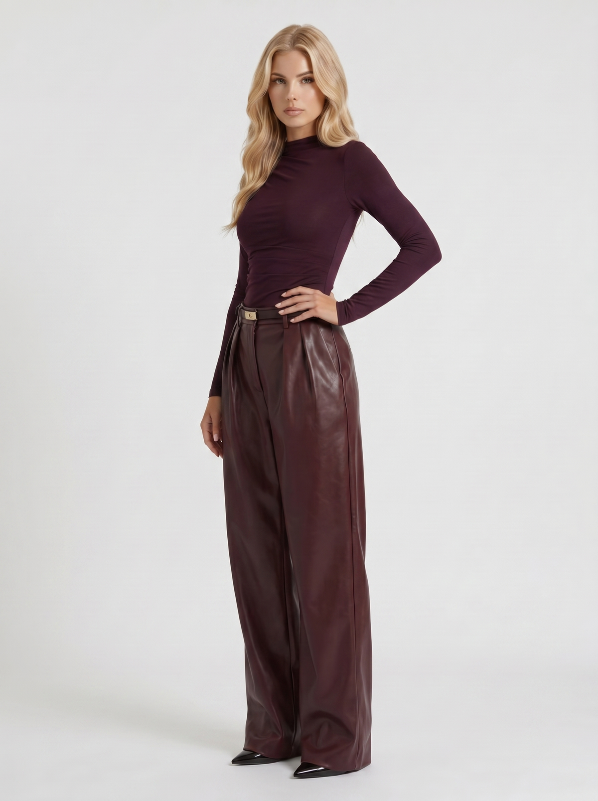 Avani Faux Leather Wide Leg Pants - Burgundy