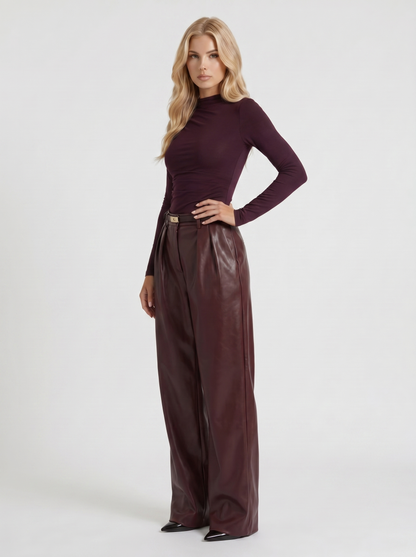 Avani Faux Leather Wide Leg Pants - Burgundy