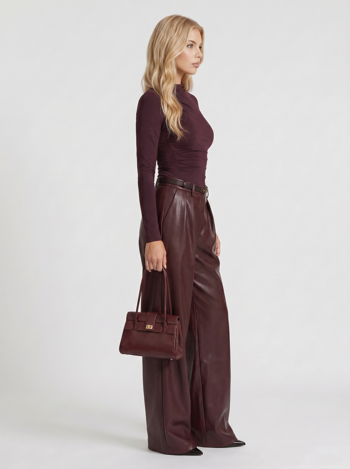 Avani Faux Leather Wide Leg Pants - Burgundy