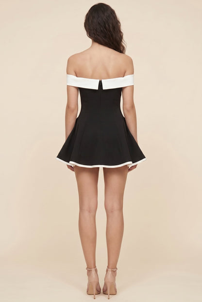 Aveline Off Shoulder Mini Dress - Black and White