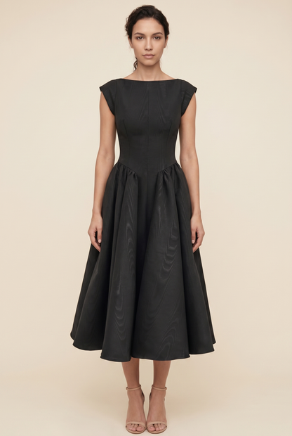 Bernadette Cap Sleeve Midi Dress - Black