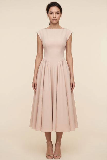 Bernadette Cap Sleeve Midi Dress - Nude