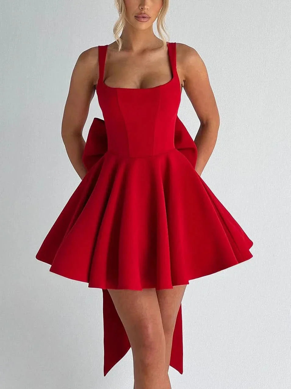 Women's Cocktail Bow Mini Square Neck Skater Dress - product image 2