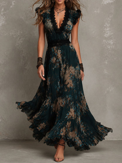 Christabel Tiered Maxi Dress - Black Tan Floral