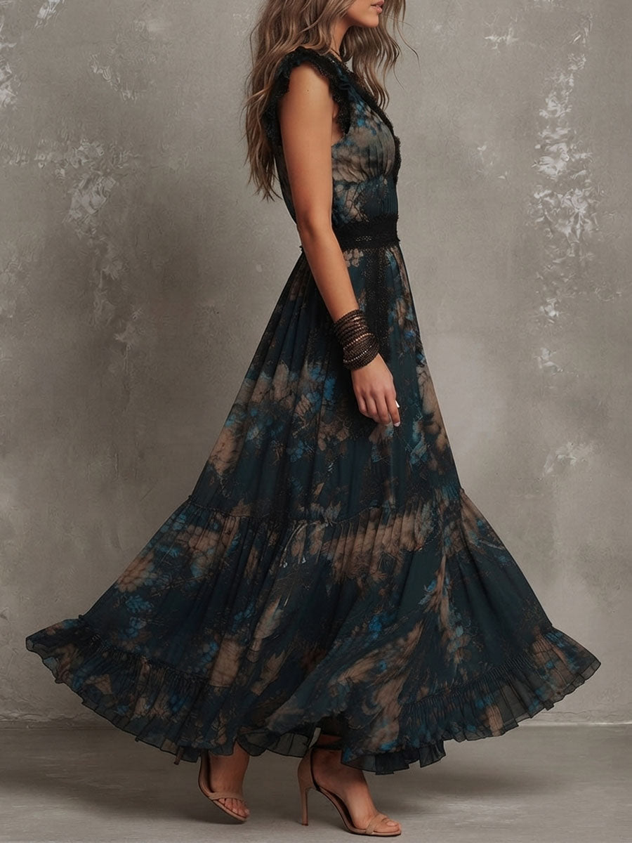 Christabel Tiered Maxi Dress - Black Tan Floral