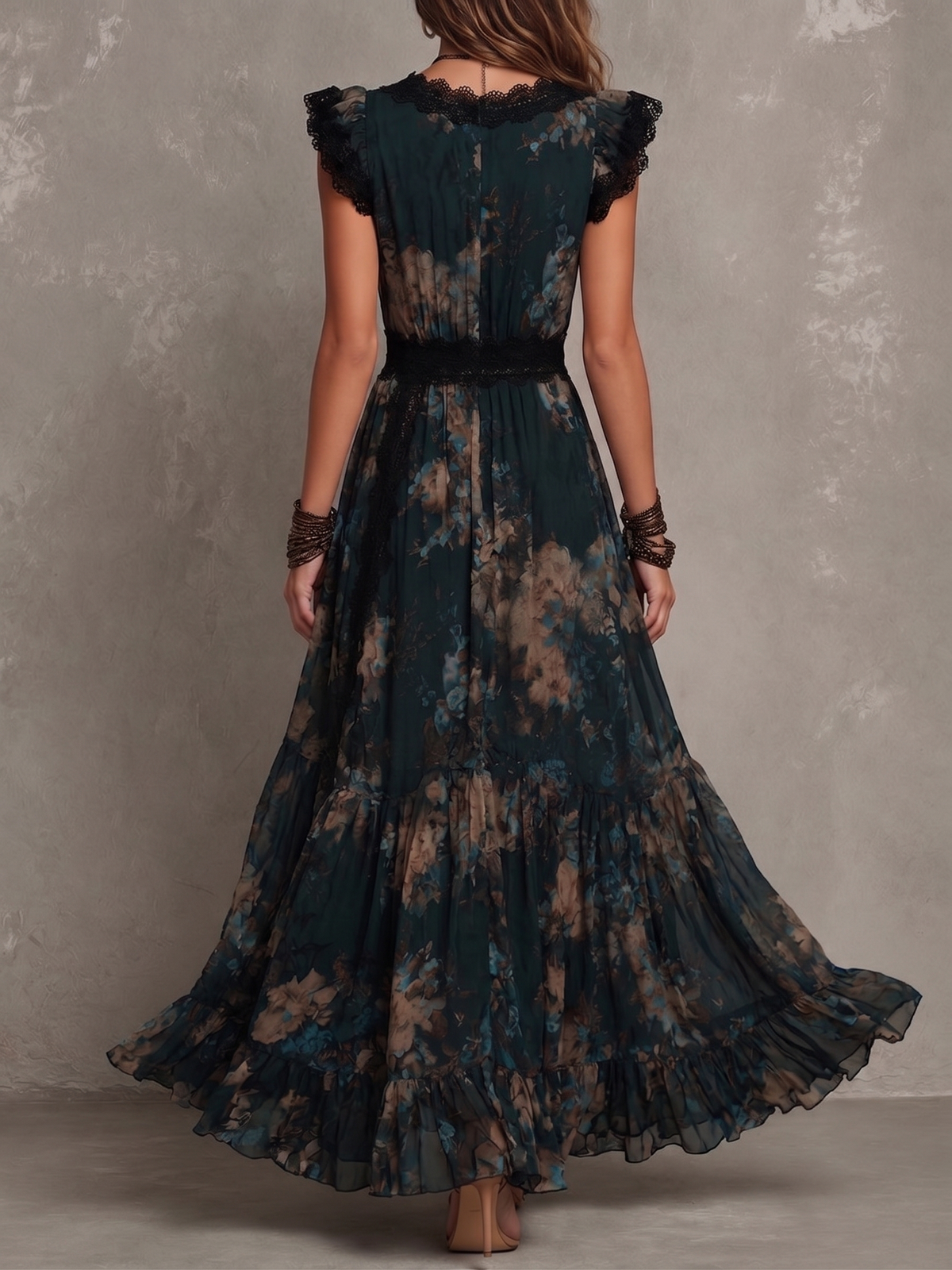 Christabel Tiered Maxi Dress - Black Tan Floral