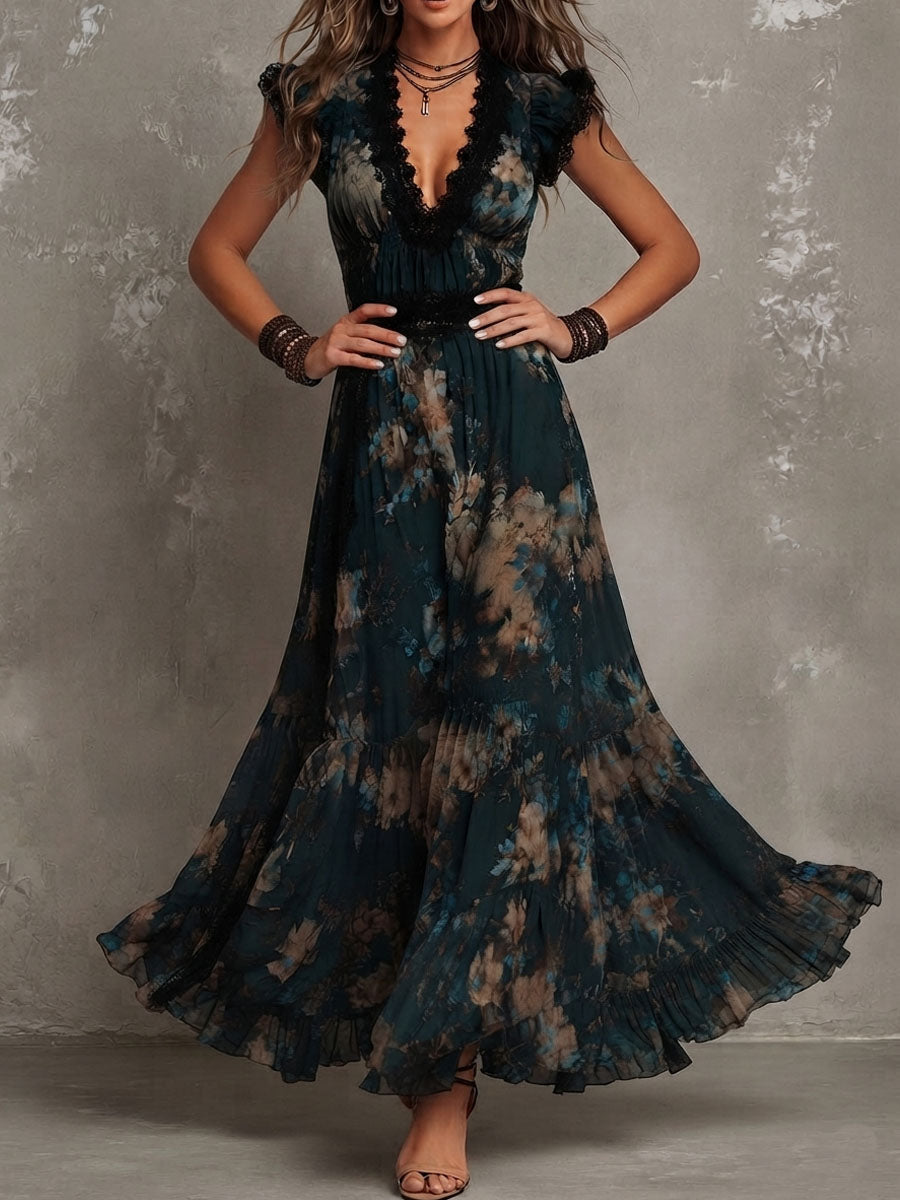 Christabel Tiered Maxi Dress - Black Tan Floral