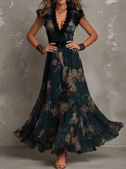 Christabel Tiered Maxi Dress - Black Tan Floral