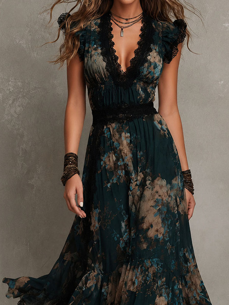 Christabel Tiered Maxi Dress - Black Tan Floral