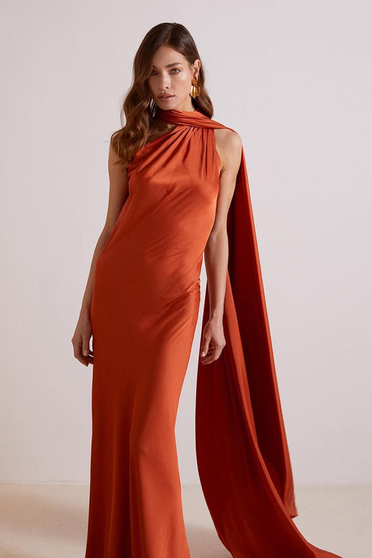 Ciara Satin Maxi Dress - Rust Orange