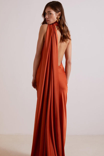 Ciara Satin Maxi Dress - Rust Orange