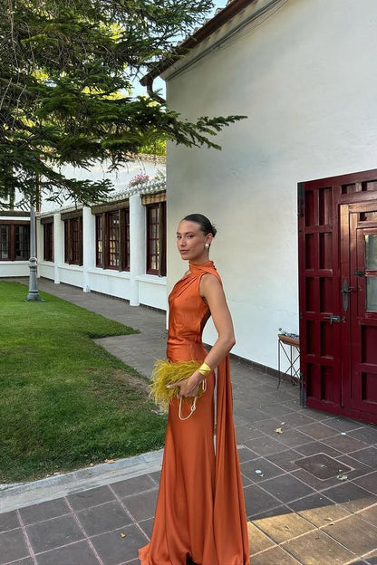 Ciara Satin Maxi Dress - Rust Orange