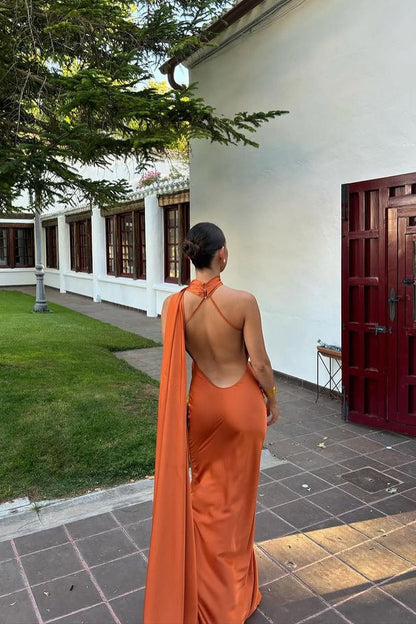 Ciara Satin Maxi Dress - Rust Orange