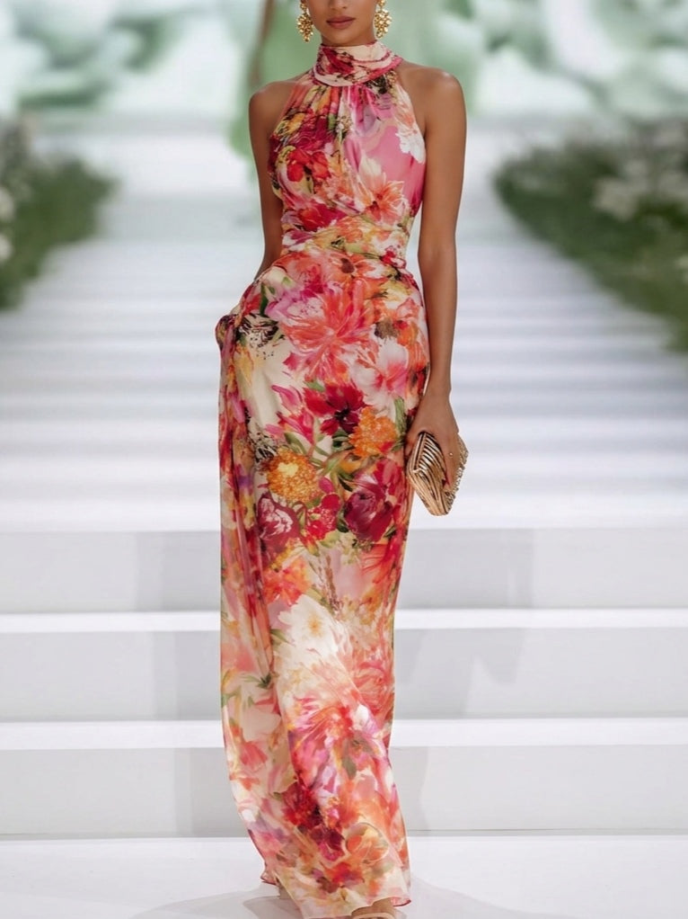 Clelia Floral Halter Maxi Dress - Red Floral
