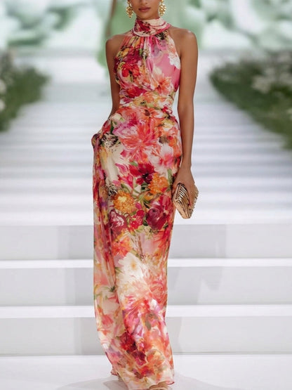 Clelia Floral Halter Maxi Dress - Red Floral