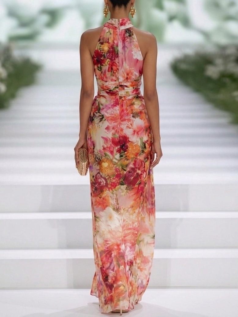 Clelia Floral Halter Maxi Dress - Red Floral