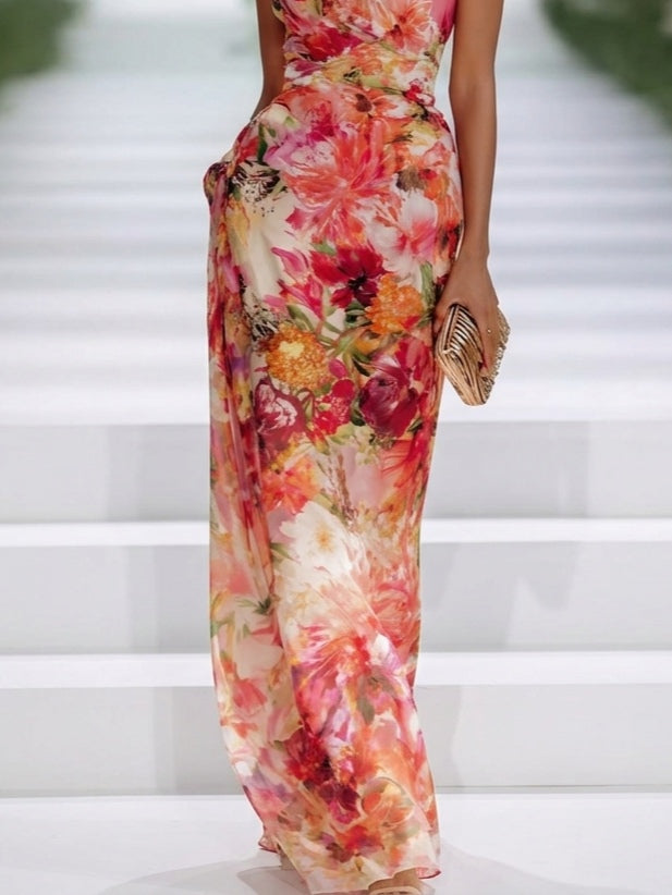 Clelia Floral Halter Maxi Dress - Red Floral