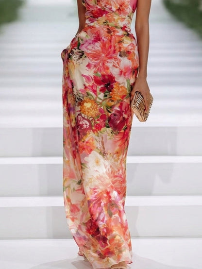 Clelia Floral Halter Maxi Dress - Red Floral