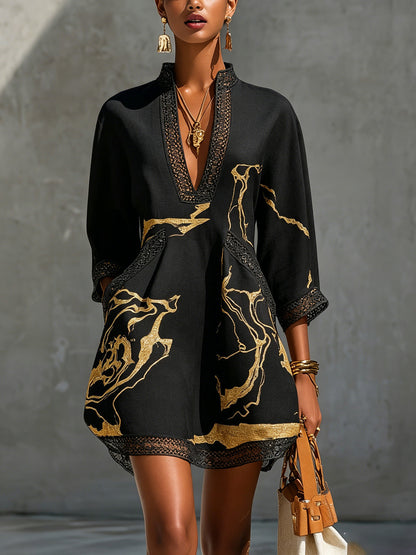Cosette Crochet Lace Mini Dress - Black Gold Floral